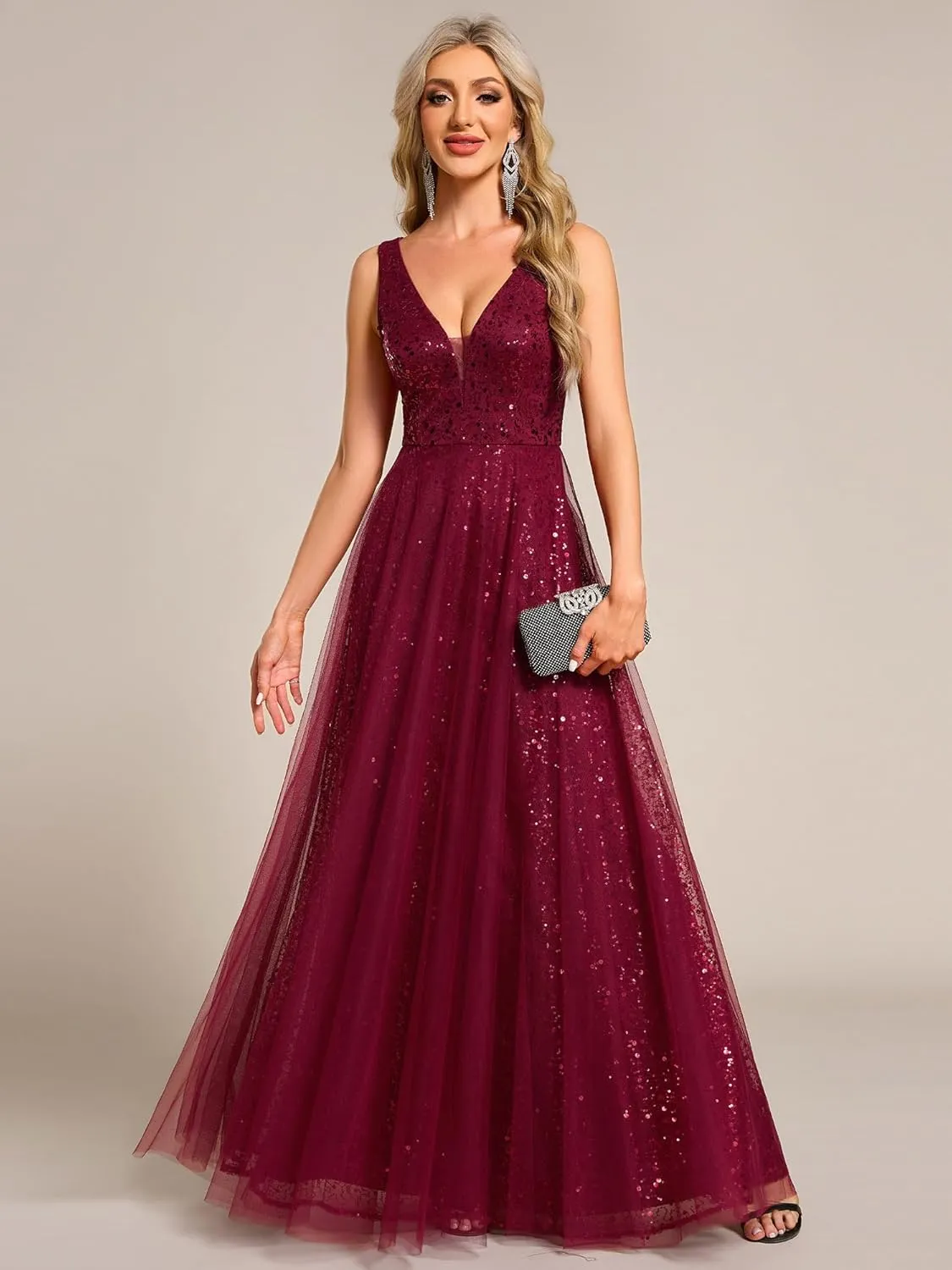Ever-Pretty Women's V Neck Sleeveless Formal Dresses A Line Sequin Maxi Evening Dresses 02163