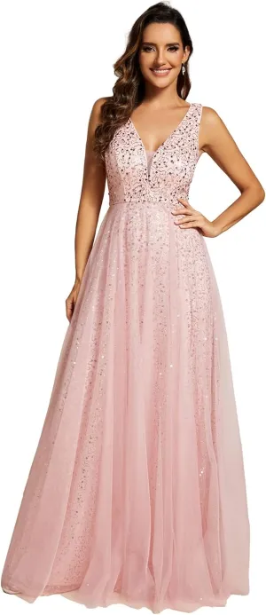 Ever-Pretty Women's V Neck Sleeveless Formal Dresses A Line Sequin Maxi Evening Dresses 02163