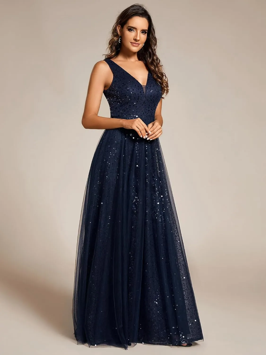 Ever-Pretty Women's V Neck Sleeveless Formal Dresses A Line Sequin Maxi Evening Dresses 02163