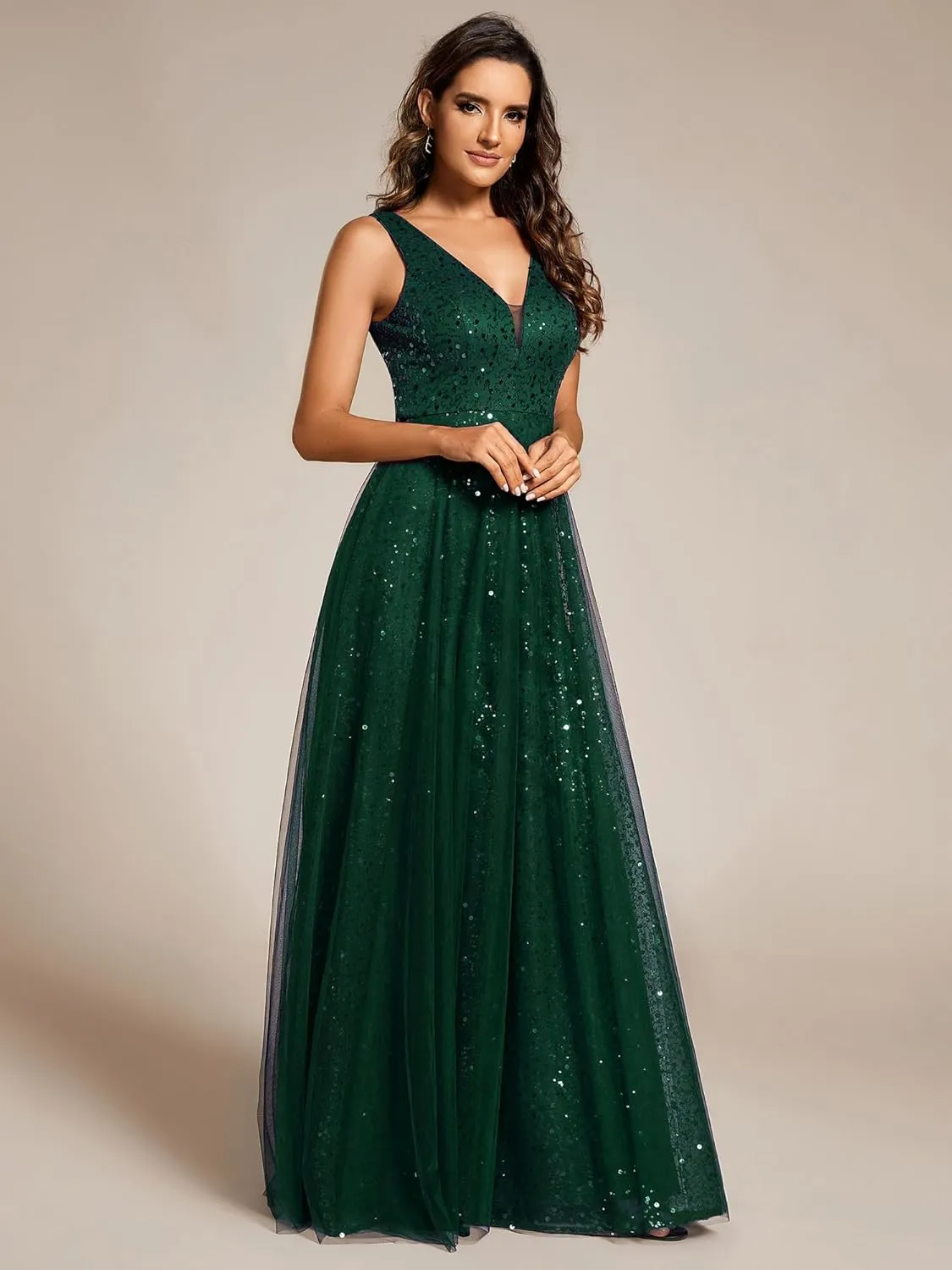 Ever-Pretty Women's V Neck Sleeveless Formal Dresses A Line Sequin Maxi Evening Dresses 02163
