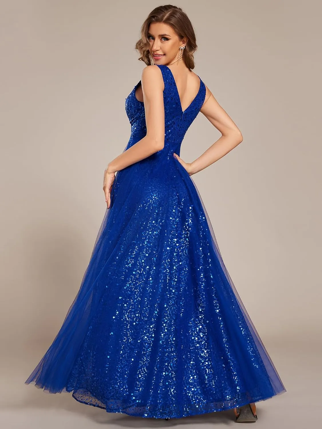 Ever-Pretty Women's V Neck Sleeveless Formal Dresses A Line Sequin Maxi Evening Dresses 02163