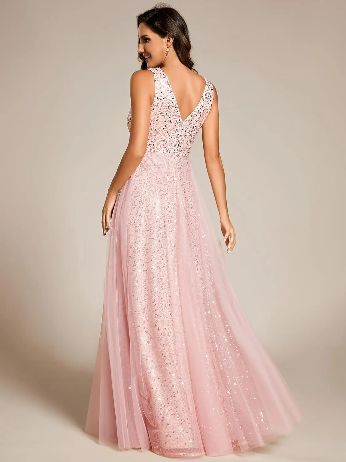 Ever-Pretty Women's V Neck Sleeveless Formal Dresses A Line Sequin Maxi Evening Dresses 02163