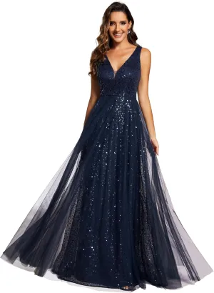 Ever-Pretty Women's V Neck Sleeveless Formal Dresses A Line Sequin Maxi Evening Dresses 02163