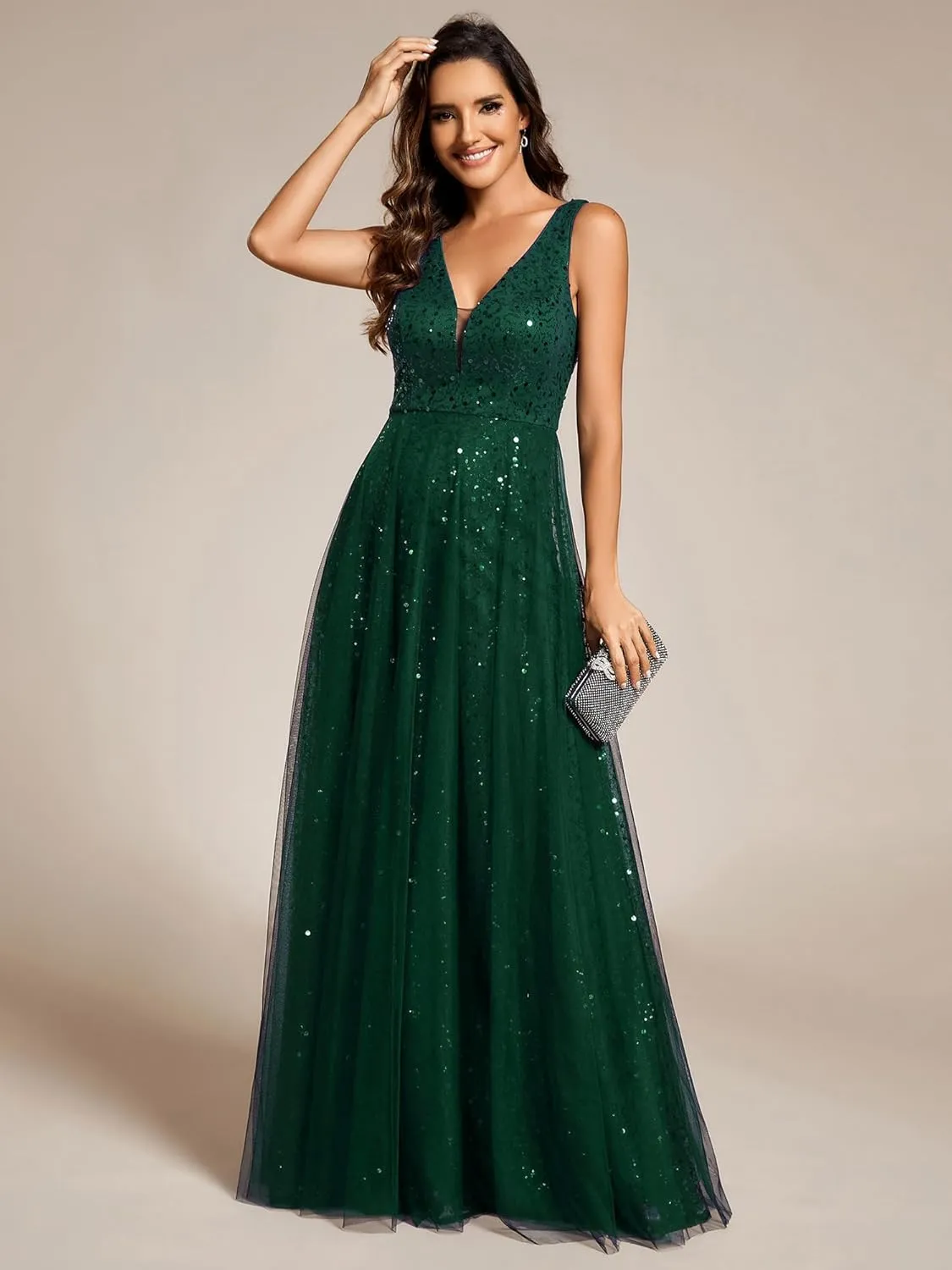 Ever-Pretty Women's V Neck Sleeveless Formal Dresses A Line Sequin Maxi Evening Dresses 02163