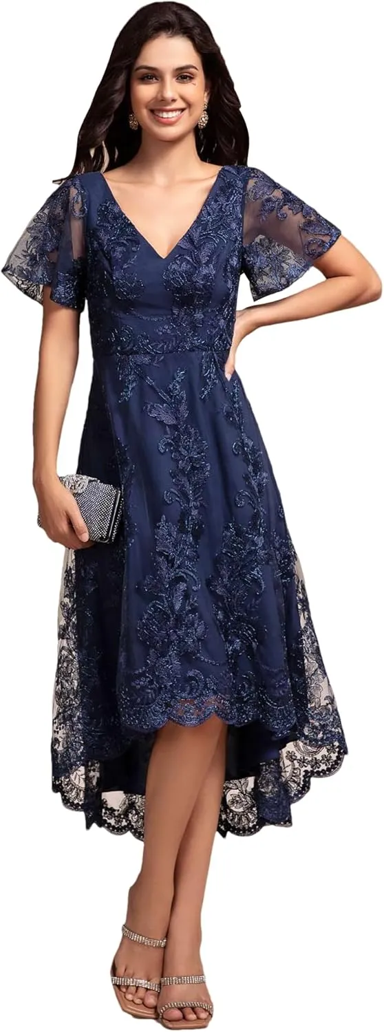 Ever-Pretty Women's Wedding Guest Dress V Neck Ruffles Sleeves Embroidery High Low Formal Dresses 02255