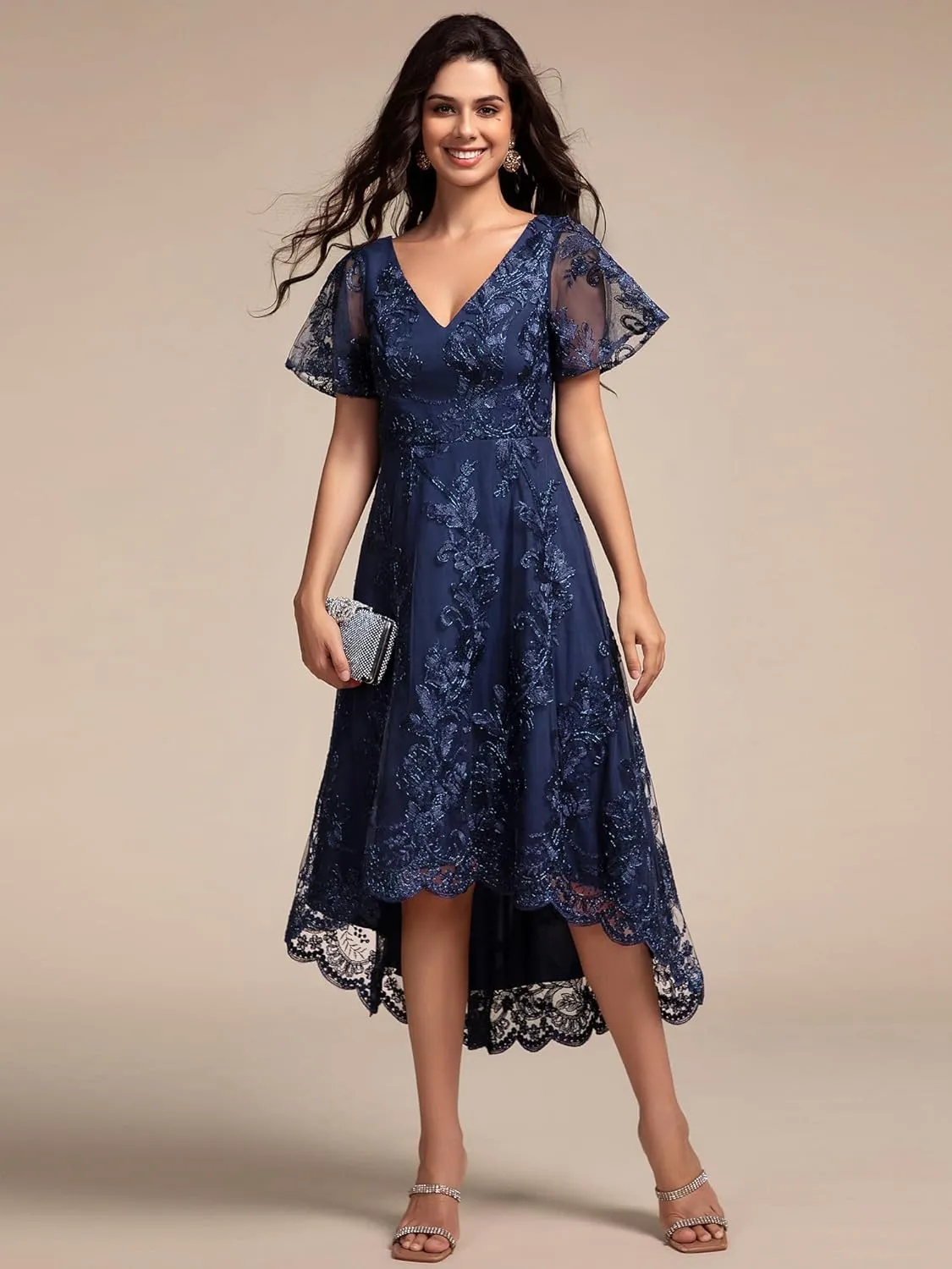 Ever-Pretty Women's Wedding Guest Dress V Neck Ruffles Sleeves Embroidery High Low Formal Dresses 02255