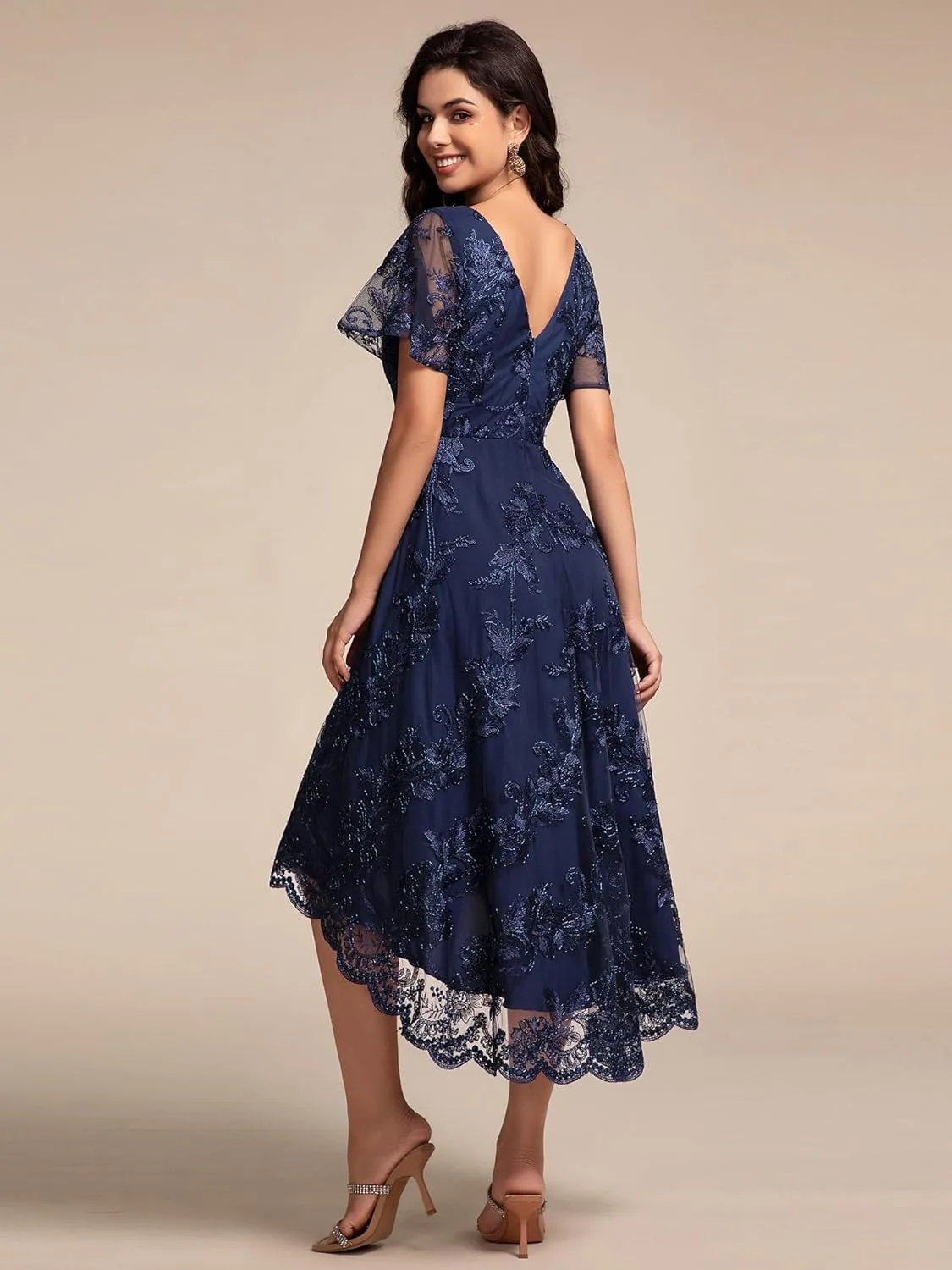 Ever-Pretty Women's Wedding Guest Dress V Neck Ruffles Sleeves Embroidery High Low Formal Dresses 02255
