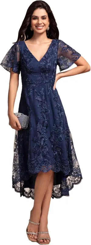 Ever-Pretty Women's Wedding Guest Dress V Neck Ruffles Sleeves Embroidery High Low Formal Dresses 02255