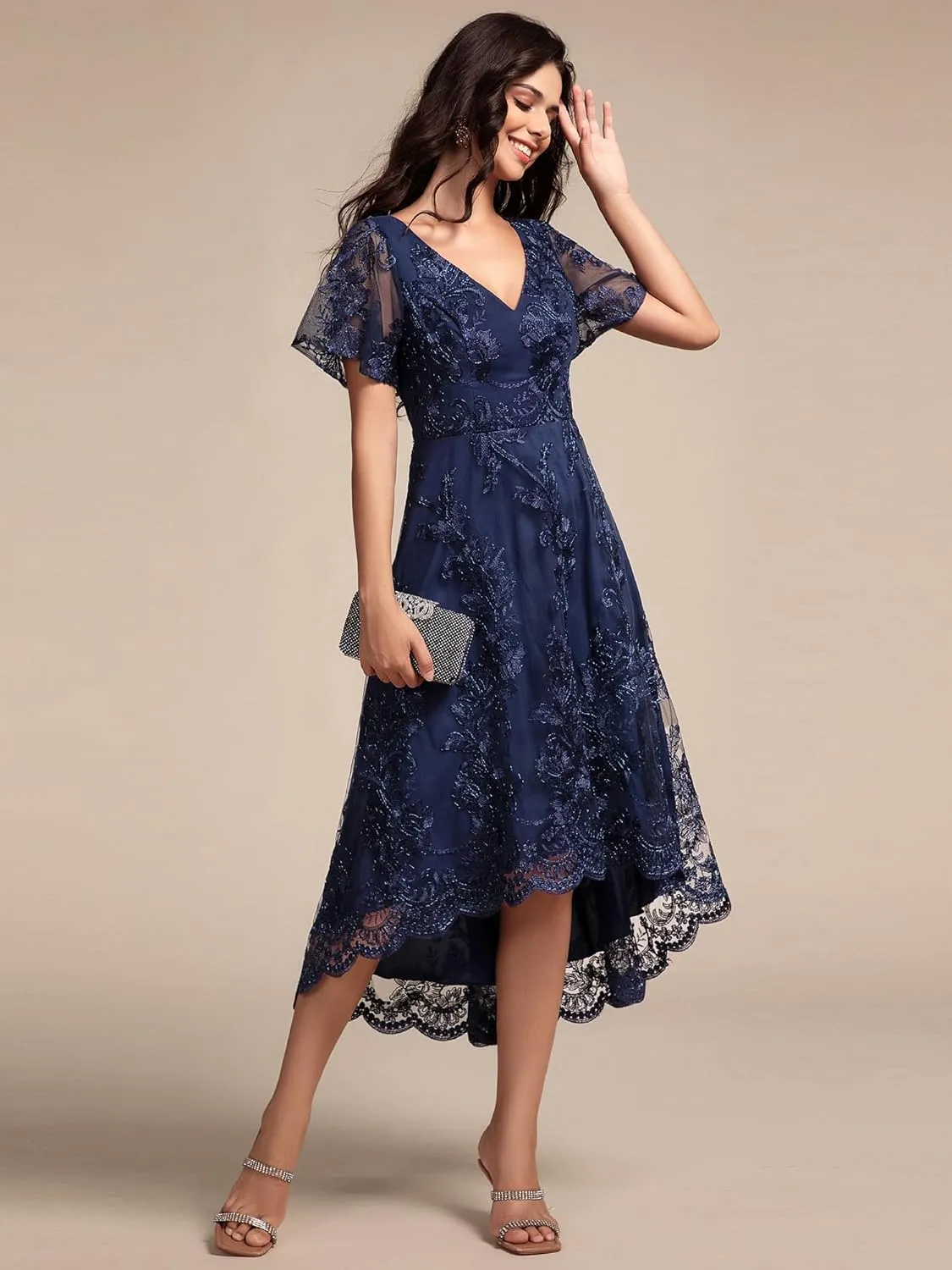 Ever-Pretty Women's Wedding Guest Dress V Neck Ruffles Sleeves Embroidery High Low Formal Dresses 02255