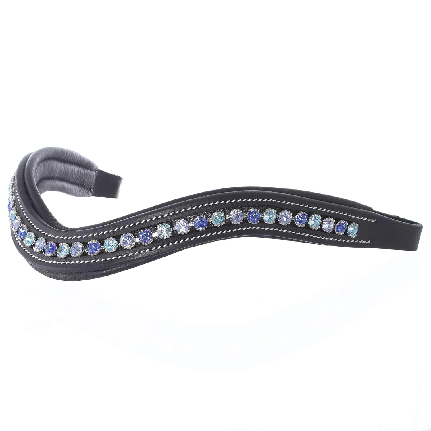 Exion Curved Padded Crystal Leather Browband for Horse Bridles | Diamond Decorated English Dressage Browbands in Sapphire, Violet, Light Sapphire | Havana-Cob