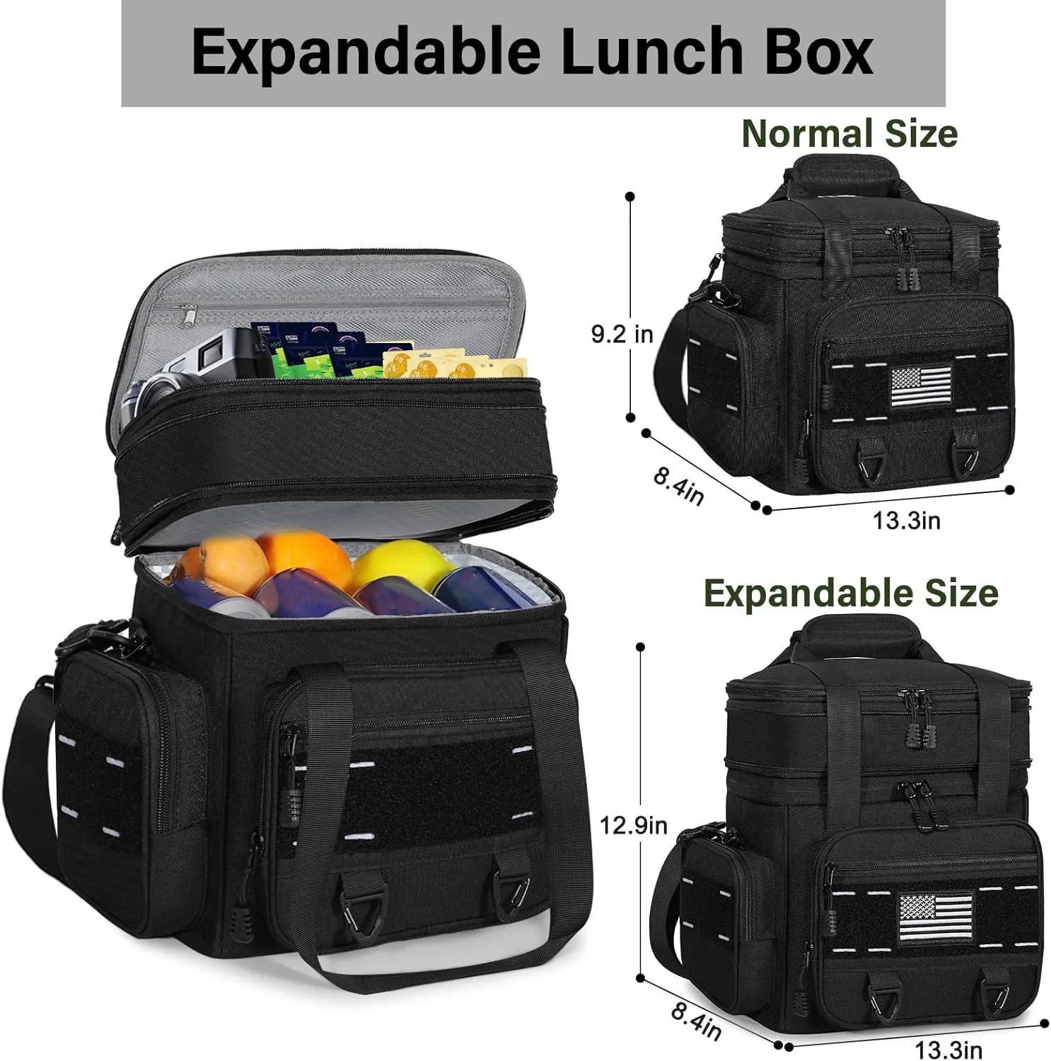 Expandable Tactical Lunch Box, XLarge Insulated Lunch Cooler Bag Heavy Duty Leakproof Lunch Pail for Men Adults Work Office Outdoor Picnic Trips,25L,Black