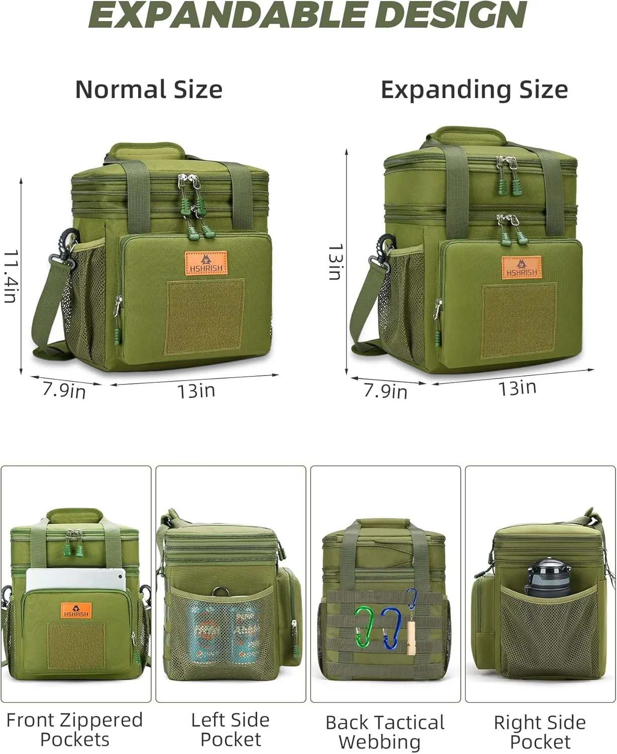 Expandable XLarge Tactical Lunch Box for Adults, Waterproof Insulated Lunch Bag with Lots of Storage Space, Durable Lunch Pail for Men Women Work Outdoor Picnic Trips, 22L(Army Green), HSHRISH