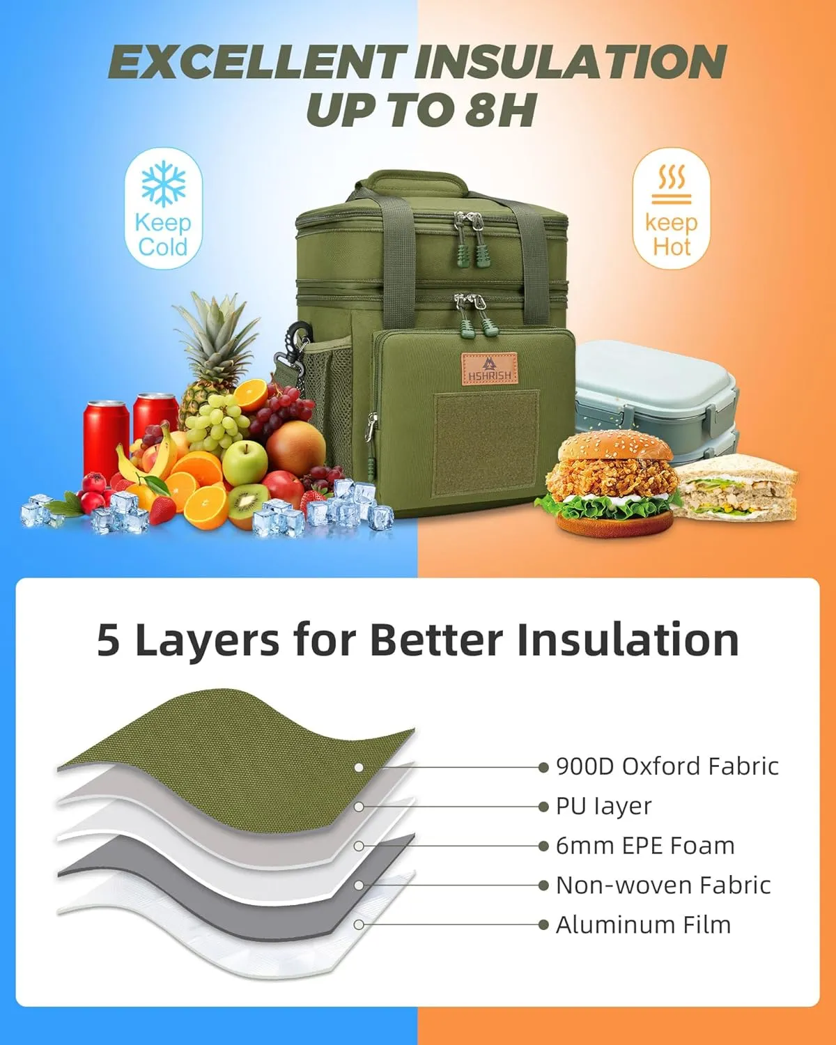 Expandable XLarge Tactical Lunch Box for Adults, Waterproof Insulated Lunch Bag with Lots of Storage Space, Durable Lunch Pail for Men Women Work Outdoor Picnic Trips, 22L(Army Green), HSHRISH