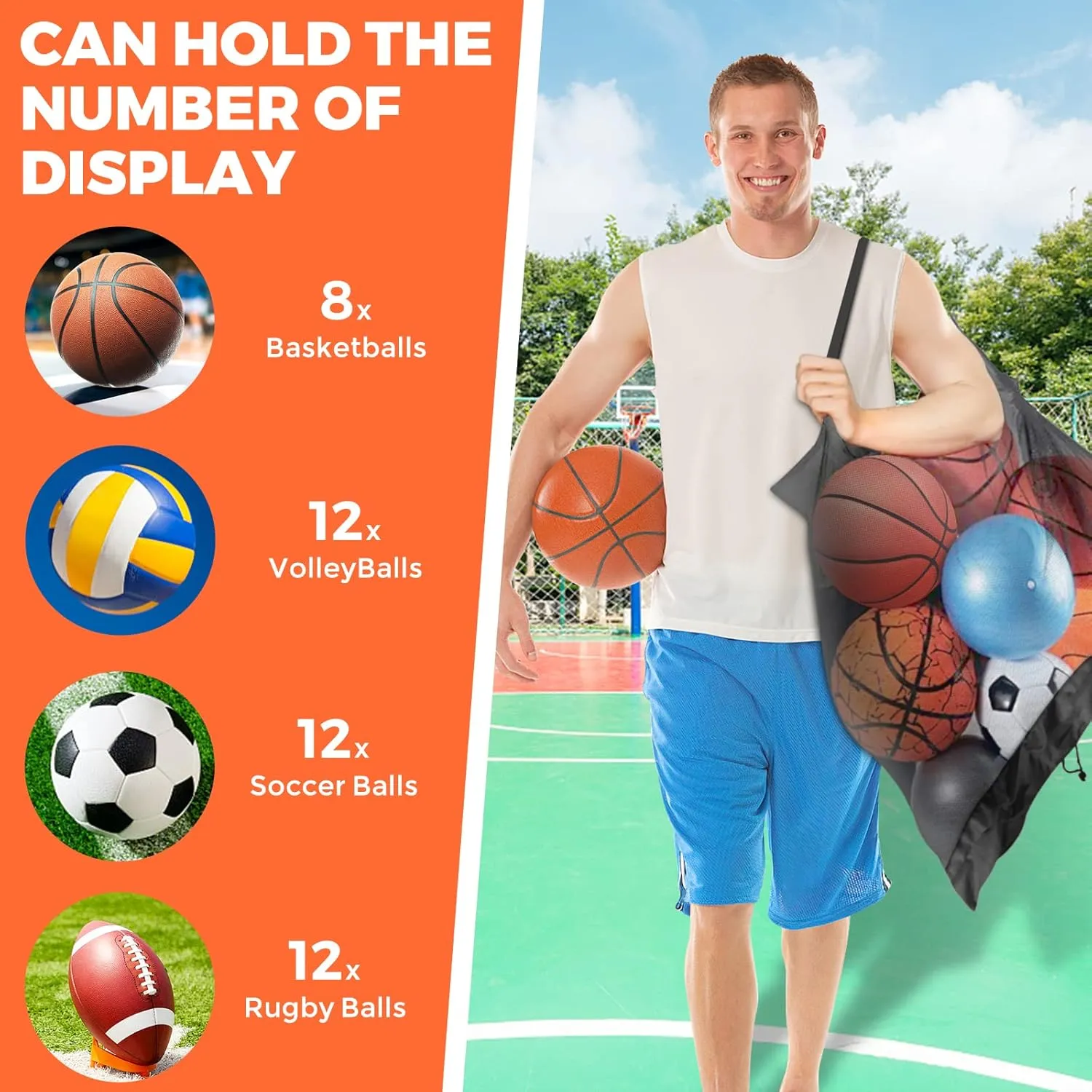 Extra Large Sports Ball Bag - Mesh Soccer Team Balls Bag, Drawstring Sport Equipment Storage for Basketball, Beach Cloth and Swimming Gears