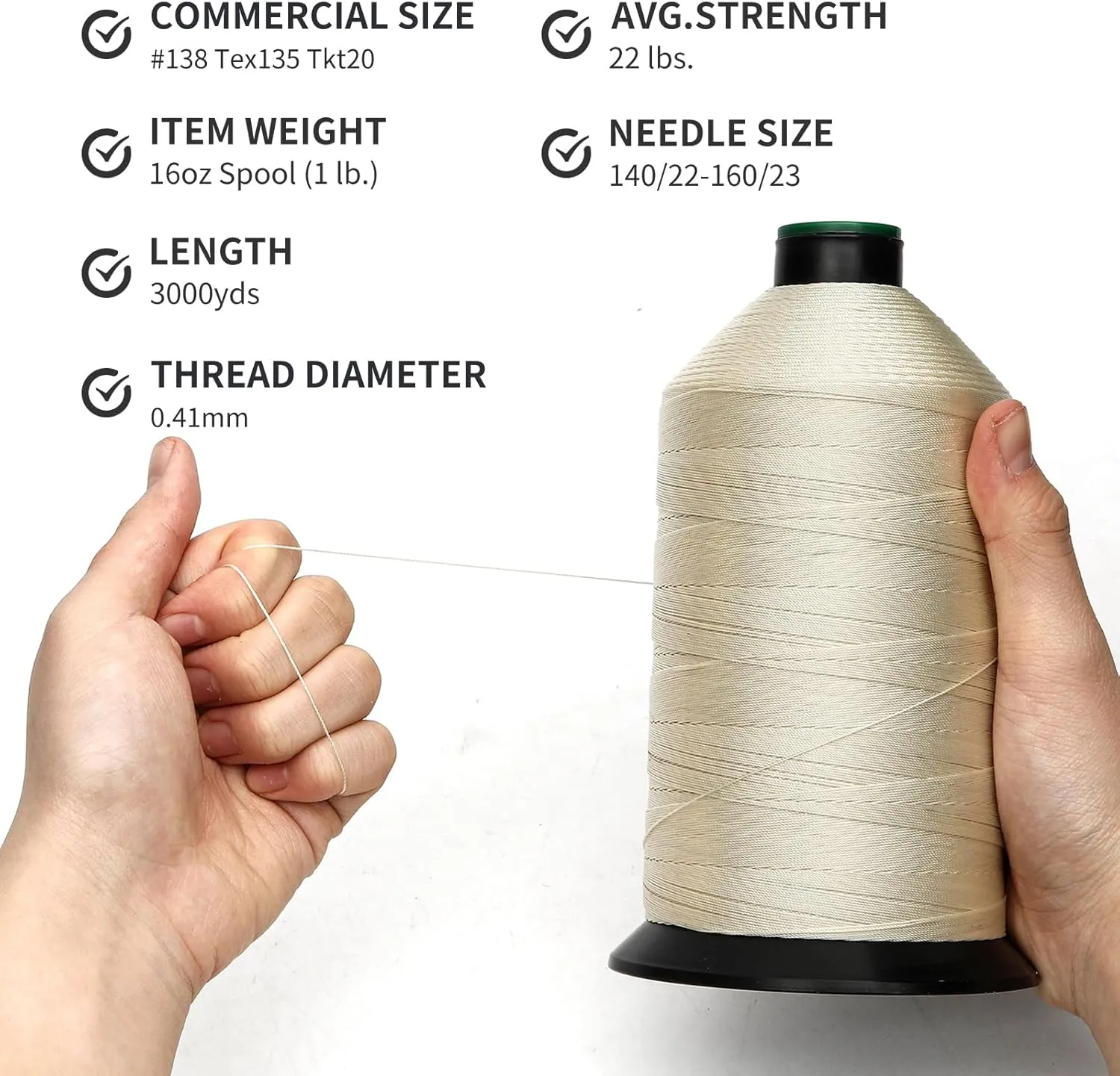Extra Strong Bonded Nylon Thread #138 Tex135 – 16 OZ, 3000yds, Versatile Stitching Solution for Leather, Upholstery, Canvas Repair and More (Beige)