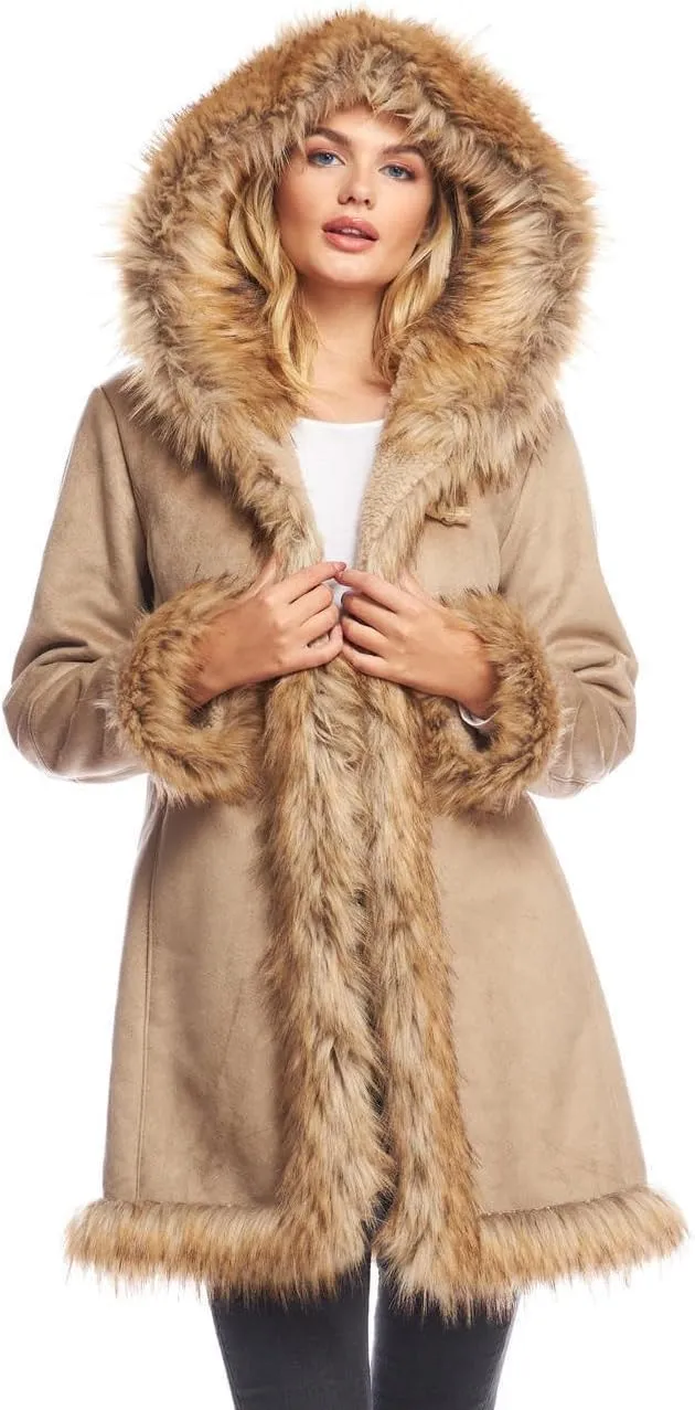 Fabulous-Furs Donna Salyers Latte Faux Suede & Faux Fur Alpine Hooded Coat