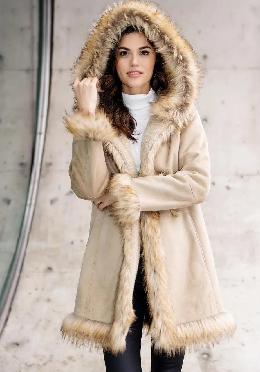 Fabulous-Furs Donna Salyers Latte Faux Suede & Faux Fur Alpine Hooded Coat