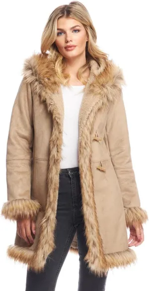 Fabulous-Furs Donna Salyers Latte Faux Suede & Faux Fur Alpine Hooded Coat