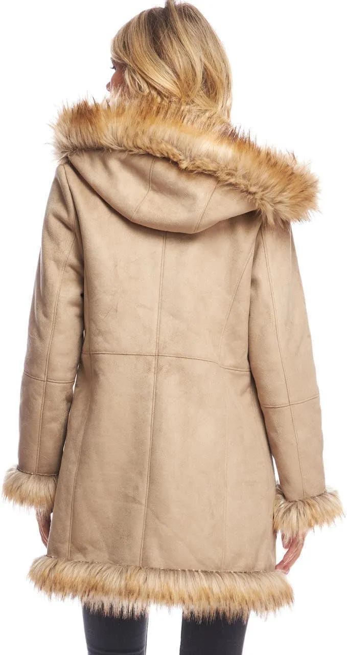 Fabulous-Furs Donna Salyers Latte Faux Suede & Faux Fur Alpine Hooded Coat