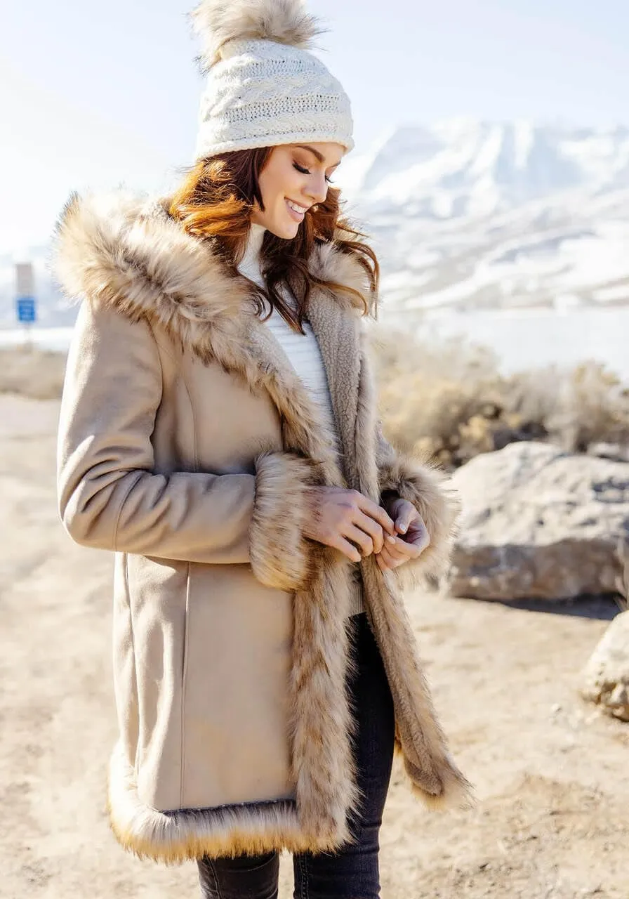 Fabulous-Furs Donna Salyers Latte Faux Suede & Faux Fur Alpine Hooded Coat
