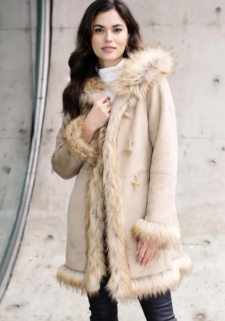 Fabulous-Furs Donna Salyers Latte Faux Suede & Faux Fur Alpine Hooded Coat
