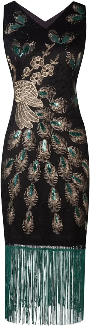 FAIRY COUPLE Women's 20's V Neck Vintage Peacock Beads and Sequin Gatsby Fringed Flapper Dress