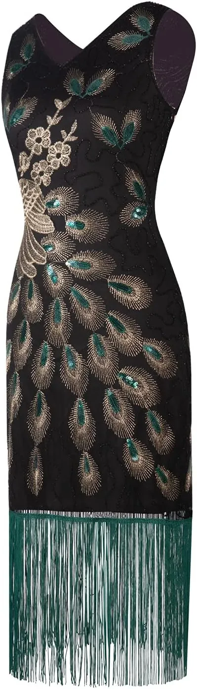 FAIRY COUPLE Women's 20's V Neck Vintage Peacock Beads and Sequin Gatsby Fringed Flapper Dress