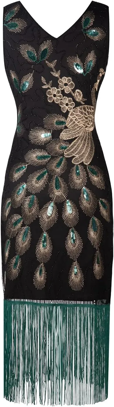 FAIRY COUPLE Women's 20's V Neck Vintage Peacock Beads and Sequin Gatsby Fringed Flapper Dress