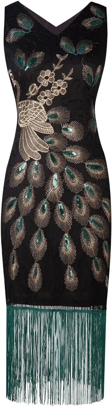 FAIRY COUPLE Women's 20's V Neck Vintage Peacock Beads and Sequin Gatsby Fringed Flapper Dress