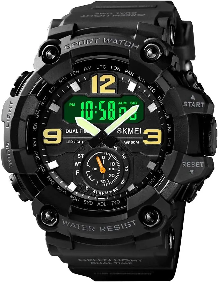 FANMIS Mens Analog Digital Dual Display Sports Watches Military Multifunctional 50M Waterproof LED Watch with Alarm Stopwatch Backlight 12H/24H Outdoor Running Swimming