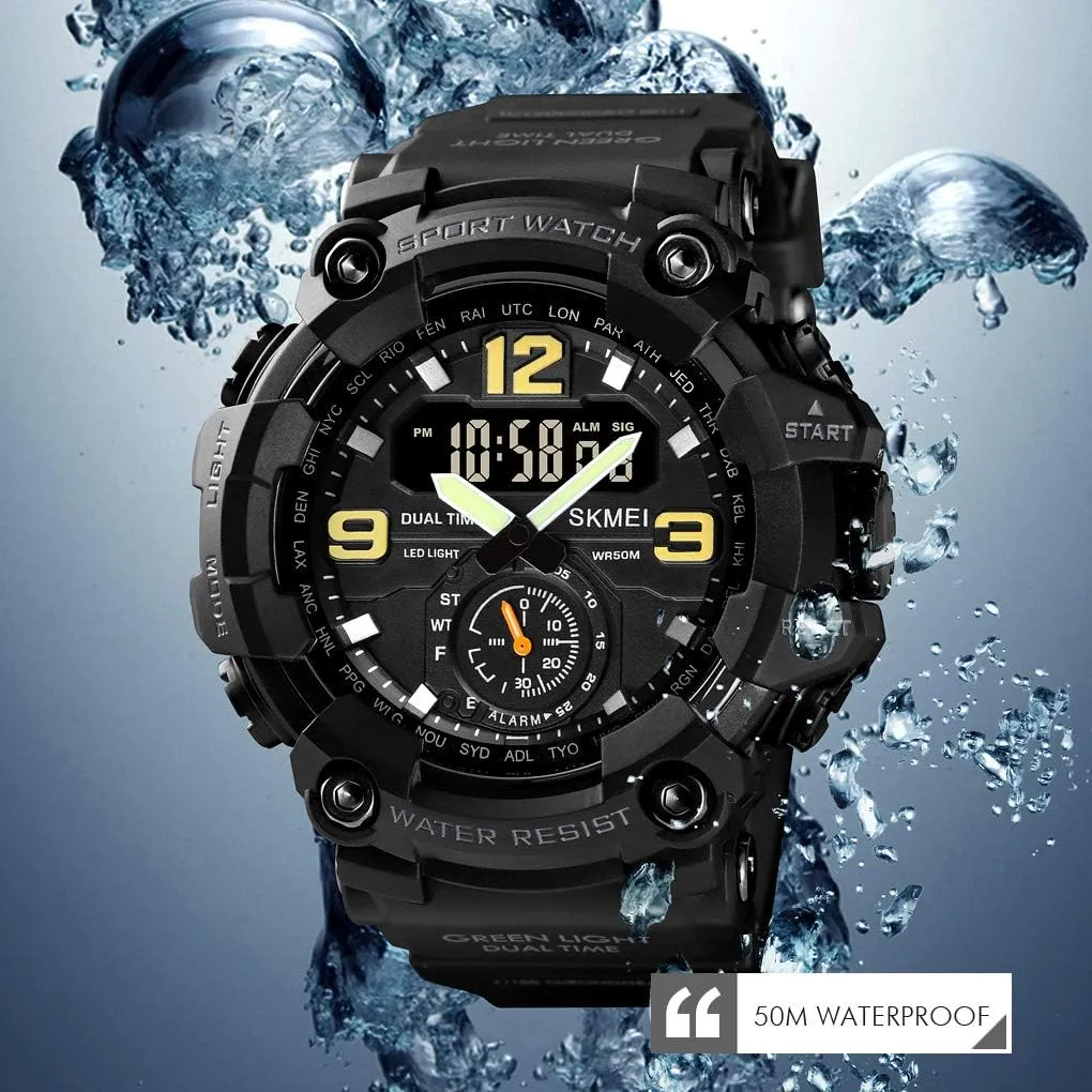 FANMIS Mens Analog Digital Dual Display Sports Watches Military Multifunctional 50M Waterproof LED Watch with Alarm Stopwatch Backlight 12H/24H Outdoor Running Swimming