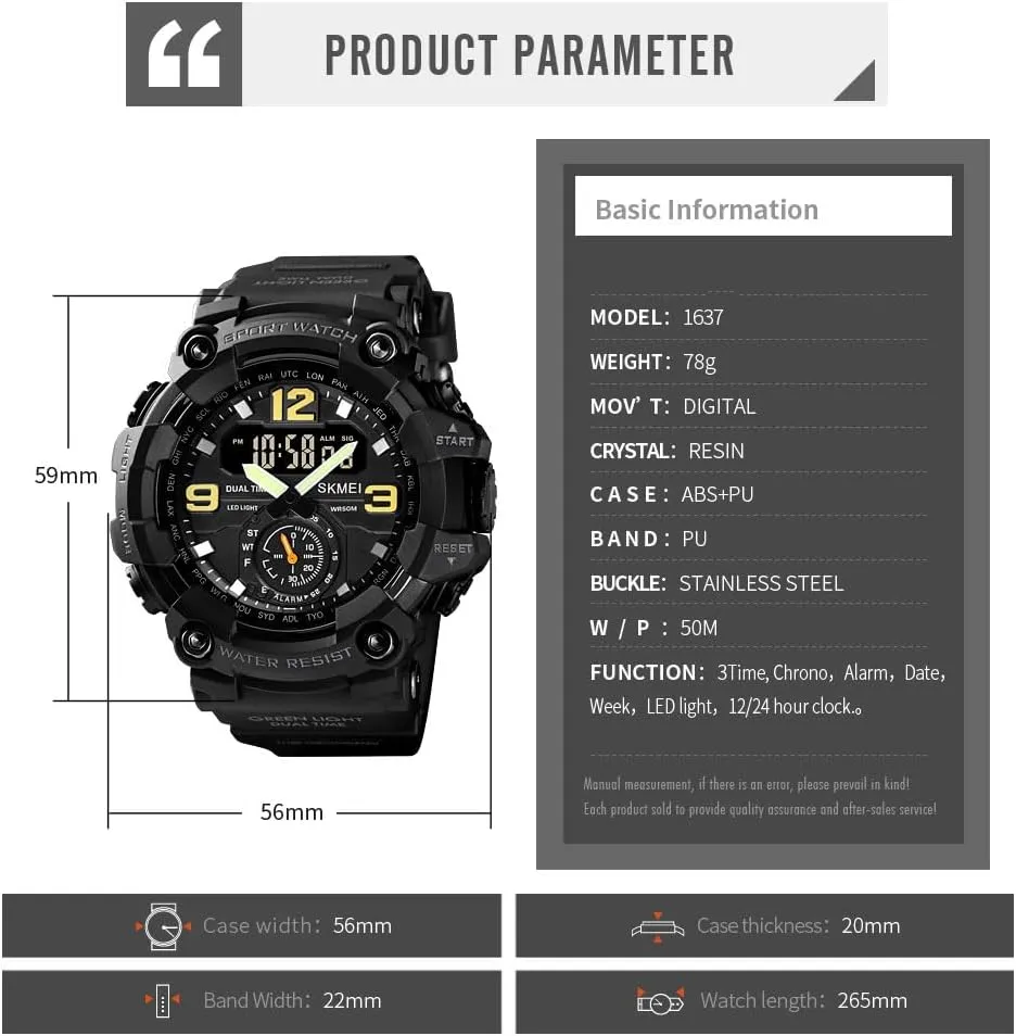 FANMIS Mens Analog Digital Dual Display Sports Watches Military Multifunctional 50M Waterproof LED Watch with Alarm Stopwatch Backlight 12H/24H Outdoor Running Swimming
