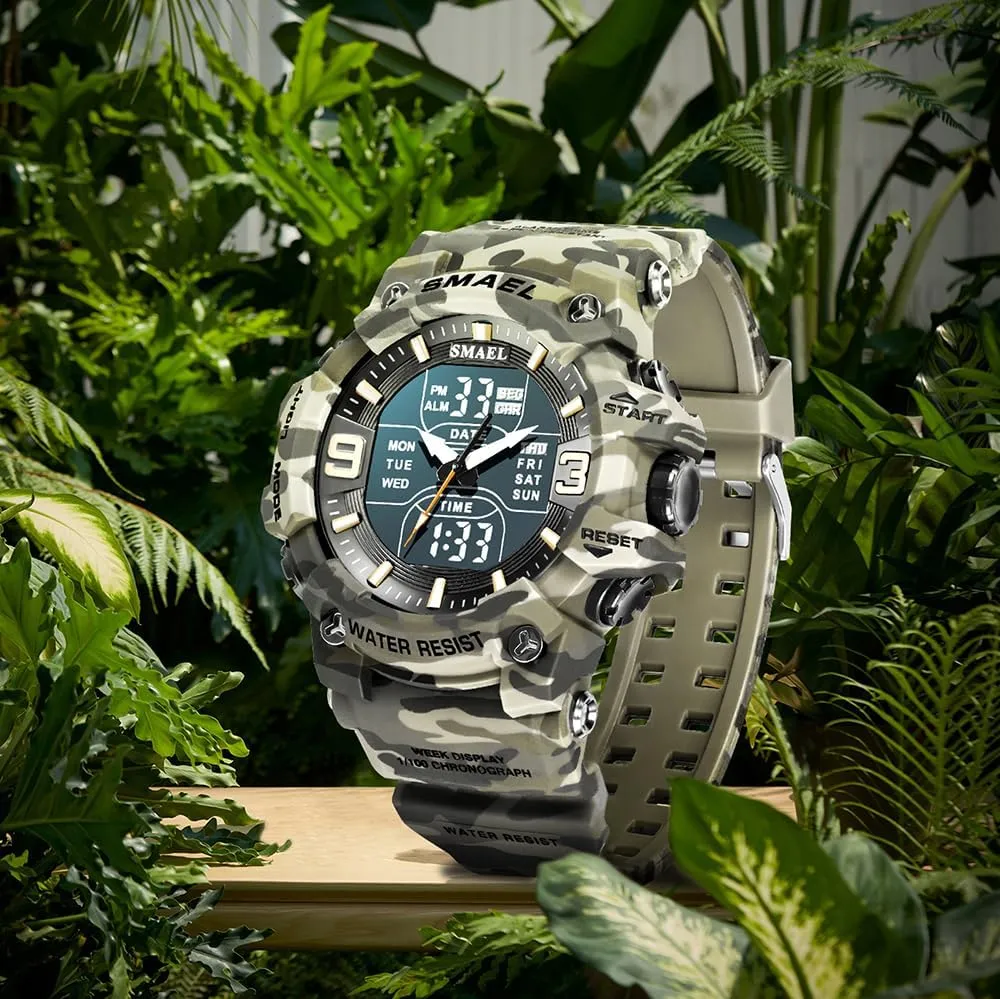 FANMIS Men's Analog Digital Outdoor Sports Watches Military Tactics Multi Function Watch LED Electronic Large Dual Display Watch Army Luminous Waterproof Wrsitwatch