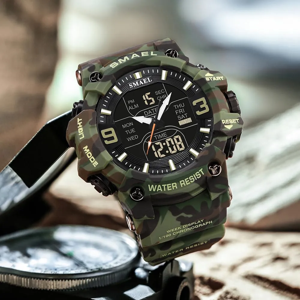FANMIS Men's Analog Digital Outdoor Sports Watches Military Tactics Multi Function Watch LED Electronic Large Dual Display Watch Army Luminous Waterproof Wrsitwatch