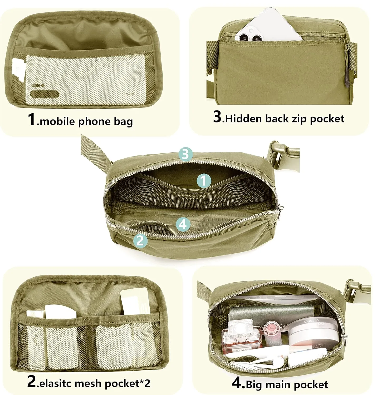 Fanny Belt Bag Waist Pack Crossbody Bags Bum Bag for Running Hiking Travel Workout Adjustable Strap for Women-Khaki green