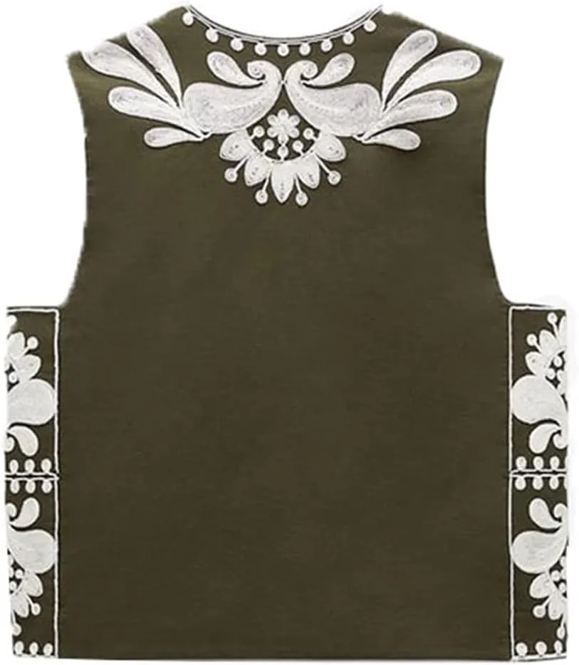 Faretumiya Women Vintage Flower Embroidery Vest Y2k Cropped Open Waistcoat Boho Sleeveless Vacation Crop Vest jacket