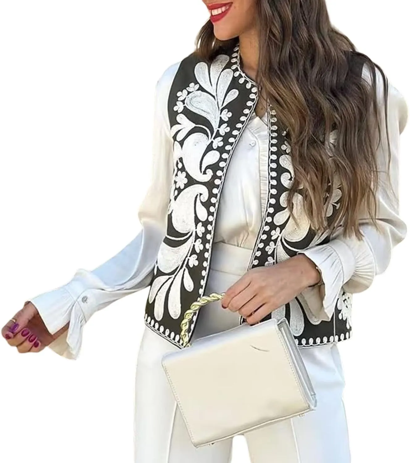 Faretumiya Women Vintage Flower Embroidery Vest Y2k Cropped Open Waistcoat Boho Sleeveless Vacation Crop Vest jacket