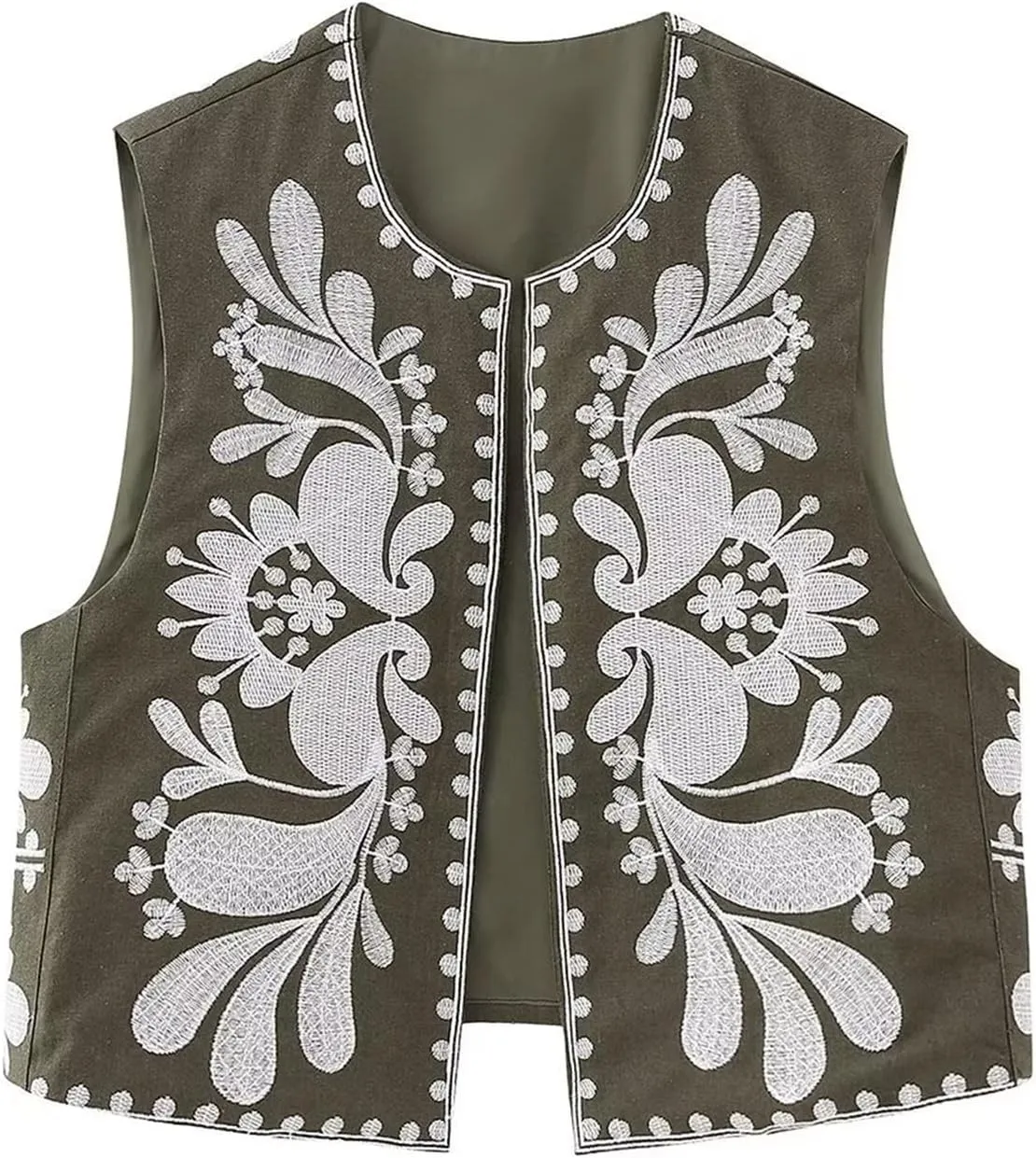 Faretumiya Women Vintage Flower Embroidery Vest Y2k Cropped Open Waistcoat Boho Sleeveless Vacation Crop Vest jacket