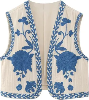 Faretumiya Women Vintage Flower Embroidery Vest Y2k Cropped Open Waistcoat Boho Sleeveless Vacation Crop Vest jacket