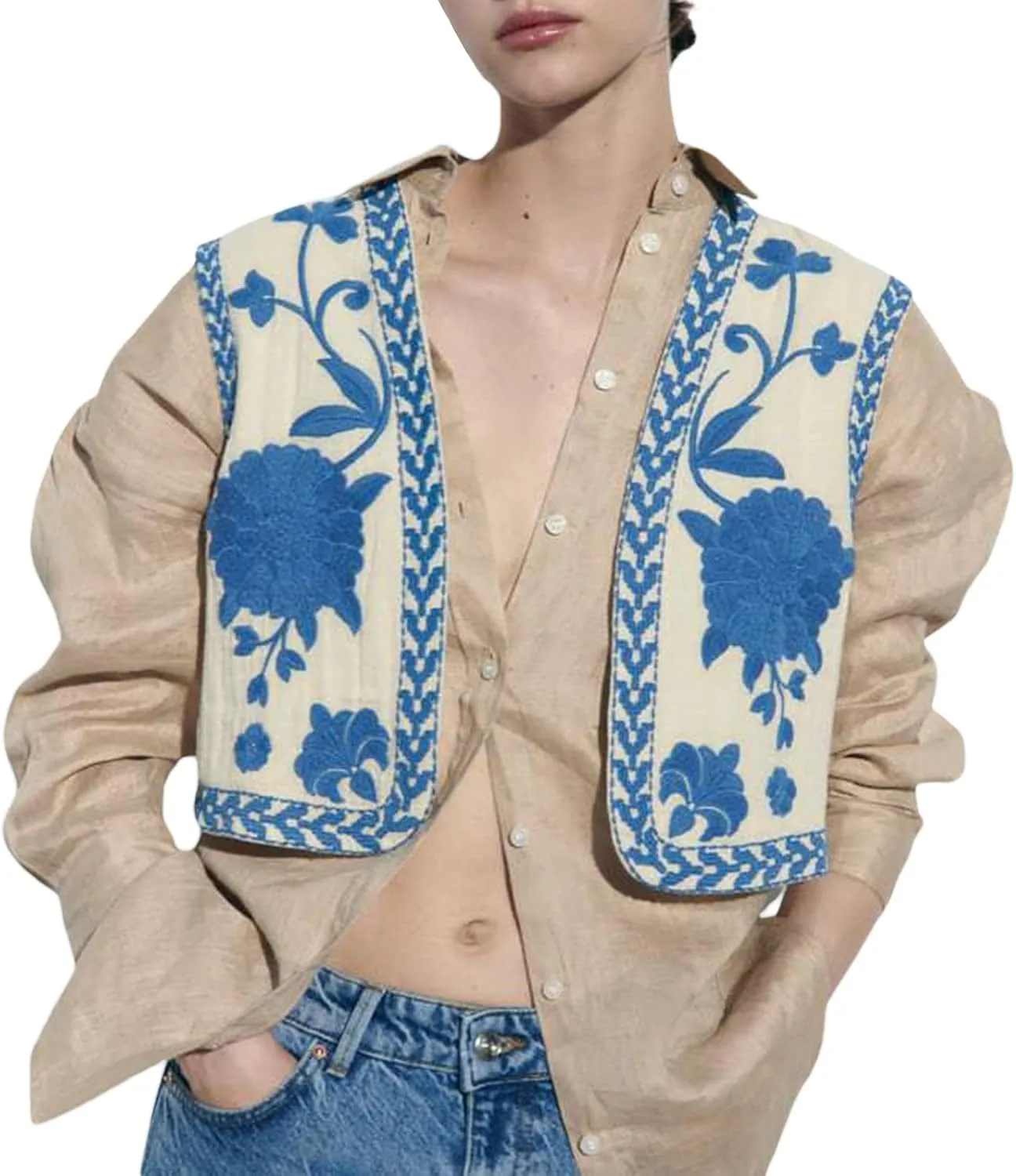 Faretumiya Women Vintage Flower Embroidery Vest Y2k Cropped Open Waistcoat Boho Sleeveless Vacation Crop Vest jacket