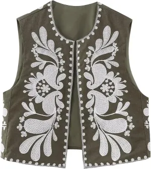 Faretumiya Women Vintage Flower Embroidery Vest Y2k Cropped Open Waistcoat Boho Sleeveless Vacation Crop Vest jacket