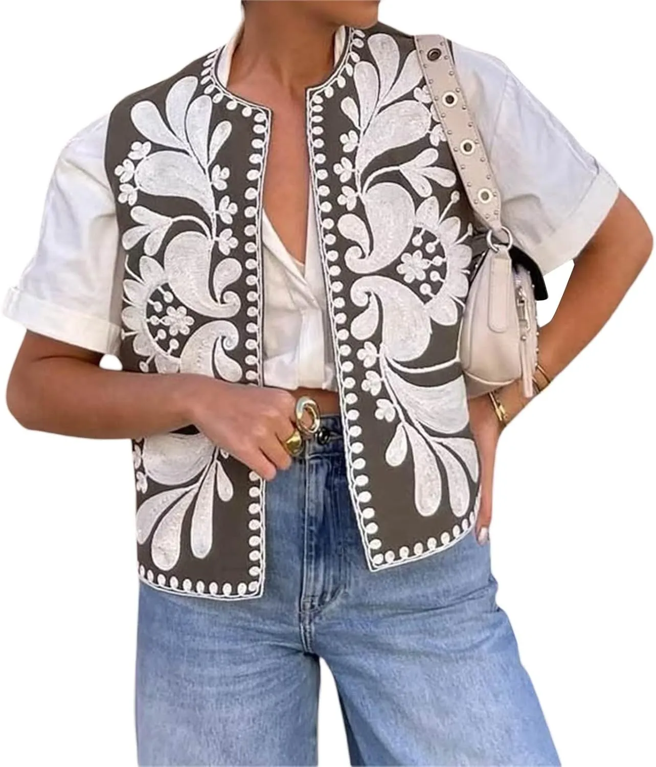 Faretumiya Women Vintage Flower Embroidery Vest Y2k Cropped Open Waistcoat Boho Sleeveless Vacation Crop Vest jacket
