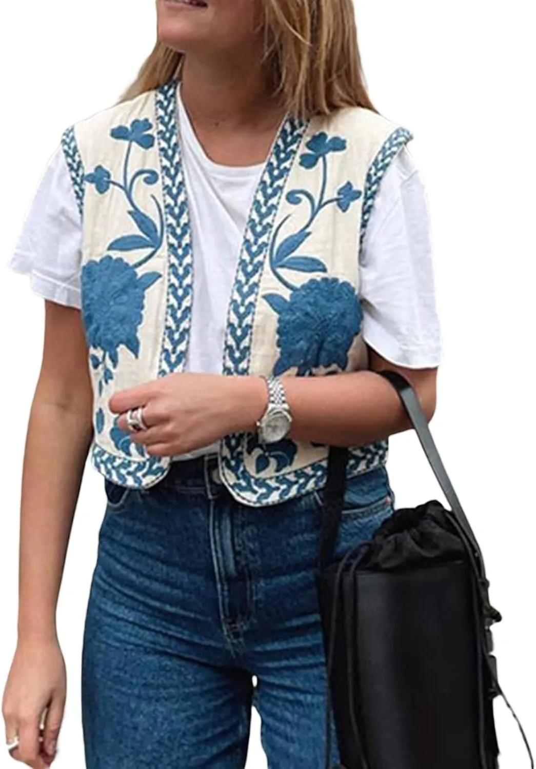 Faretumiya Women Vintage Flower Embroidery Vest Y2k Cropped Open Waistcoat Boho Sleeveless Vacation Crop Vest jacket