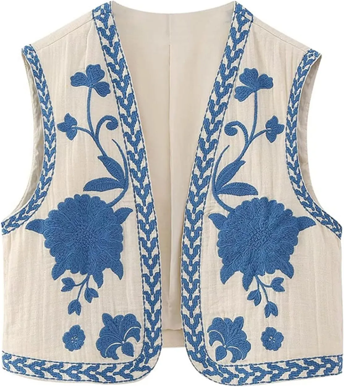 Faretumiya Women Vintage Flower Embroidery Vest Y2k Cropped Open Waistcoat Boho Sleeveless Vacation Crop Vest jacket