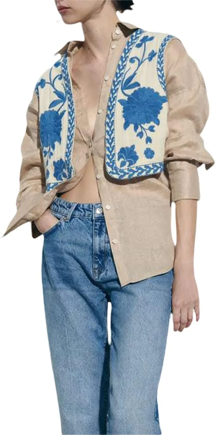 Faretumiya Women Vintage Flower Embroidery Vest Y2k Cropped Open Waistcoat Boho Sleeveless Vacation Crop Vest jacket