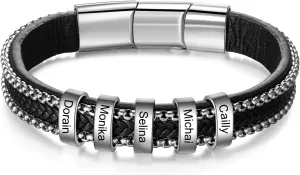 Father's Gifts Personalized Bracelet for Men Custom Engraved 2-5 Name Bracelet Custom Made with Charm Beads Family Names Birthday Jewelry Gift for Dad from Daughter Son