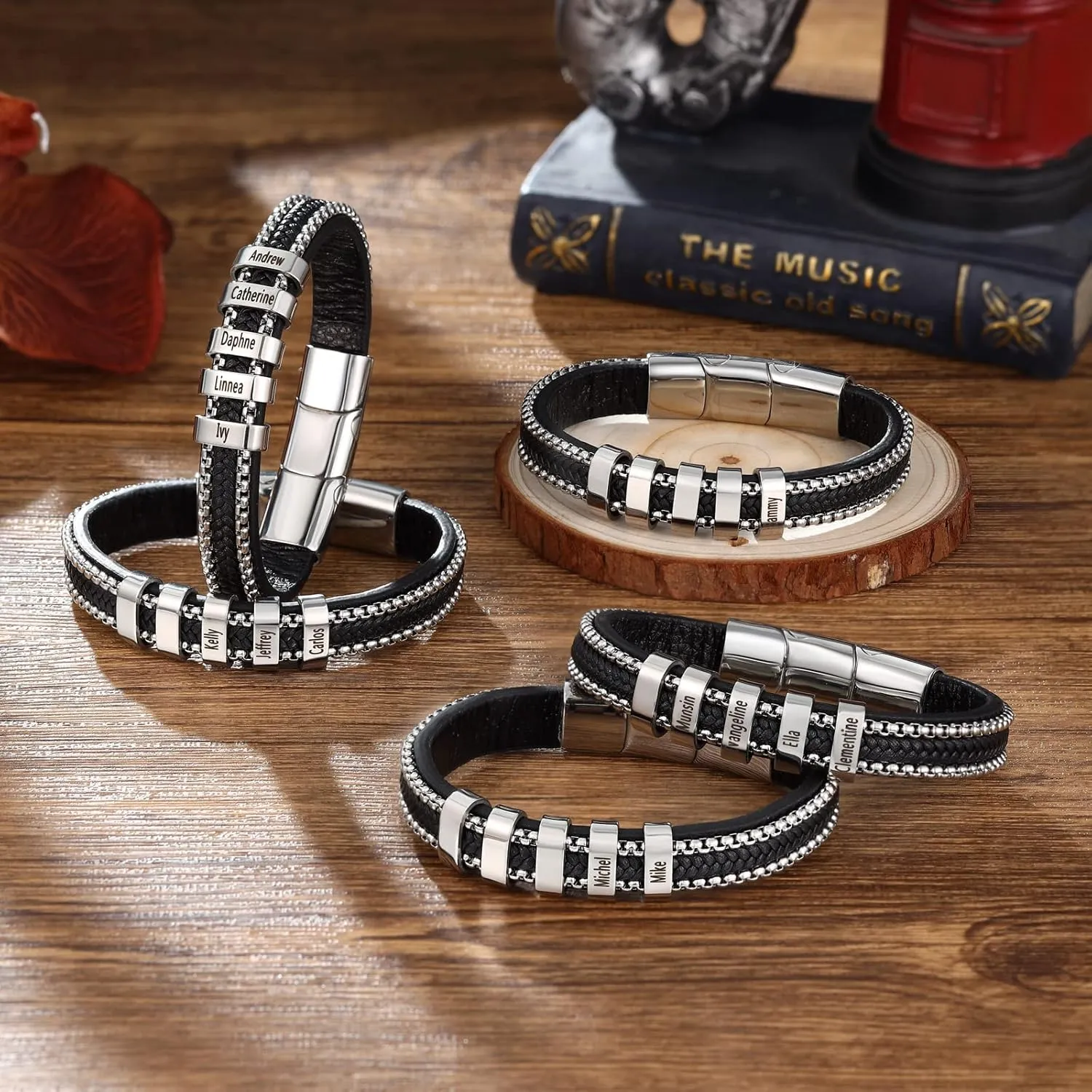 Father's Gifts Personalized Bracelet for Men Custom Engraved 2-5 Name Bracelet Custom Made with Charm Beads Family Names Birthday Jewelry Gift for Dad from Daughter Son