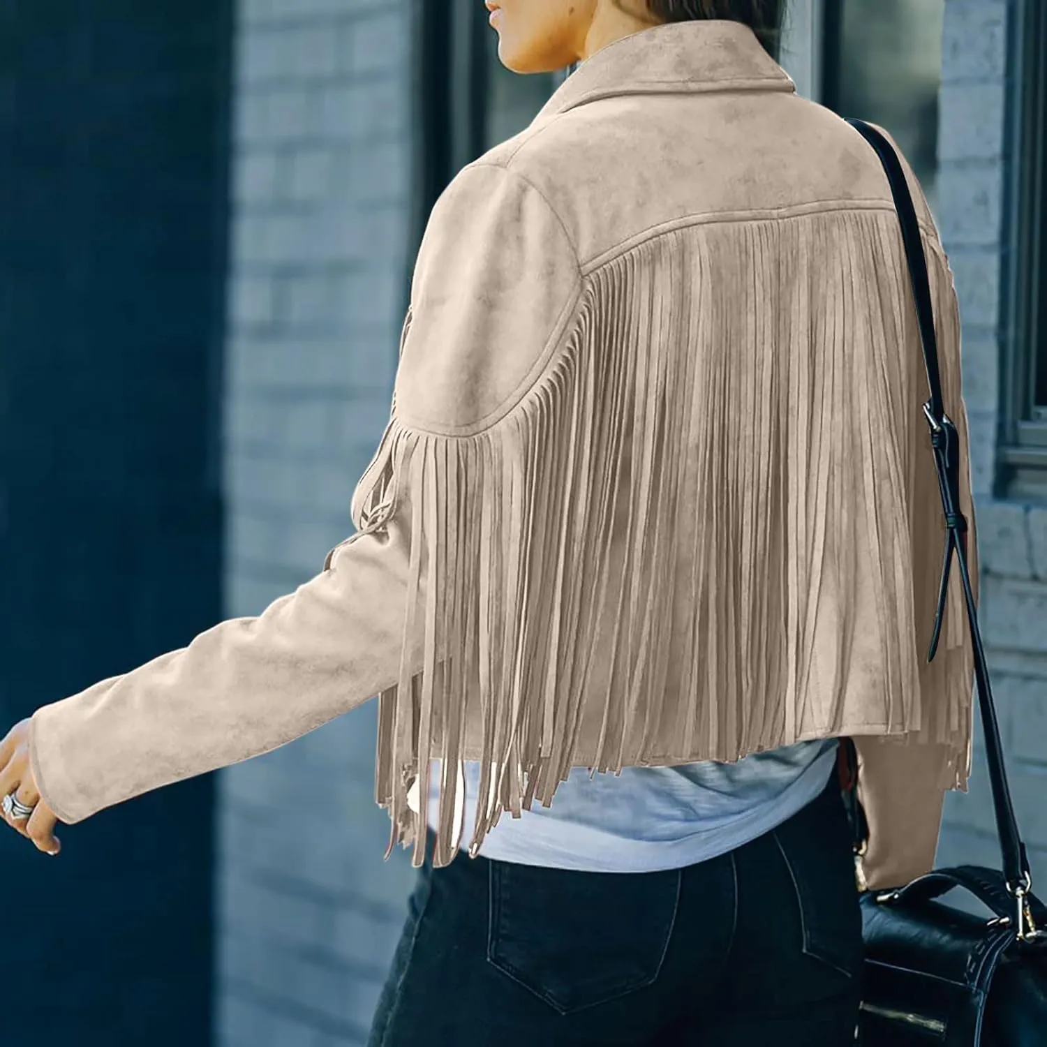 Faux Suede Leather Fringe Jacket for Women 70s Hippie Cardigans Trendy Motorcycle Tassels Long Sleeve Coats