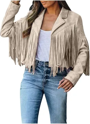 Faux Suede Leather Fringe Jacket for Women 70s Hippie Cardigans Trendy Motorcycle Tassels Long Sleeve Coats