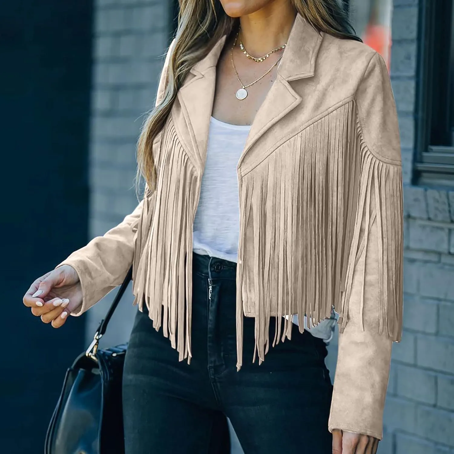 Faux Suede Leather Fringe Jacket for Women 70s Hippie Cardigans Trendy Motorcycle Tassels Long Sleeve Coats